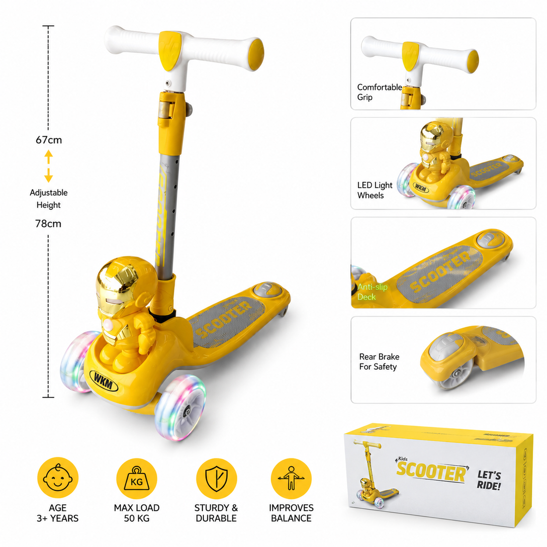 Iron Hero Kids Scooter with LED Wheels & Adjustable Handle